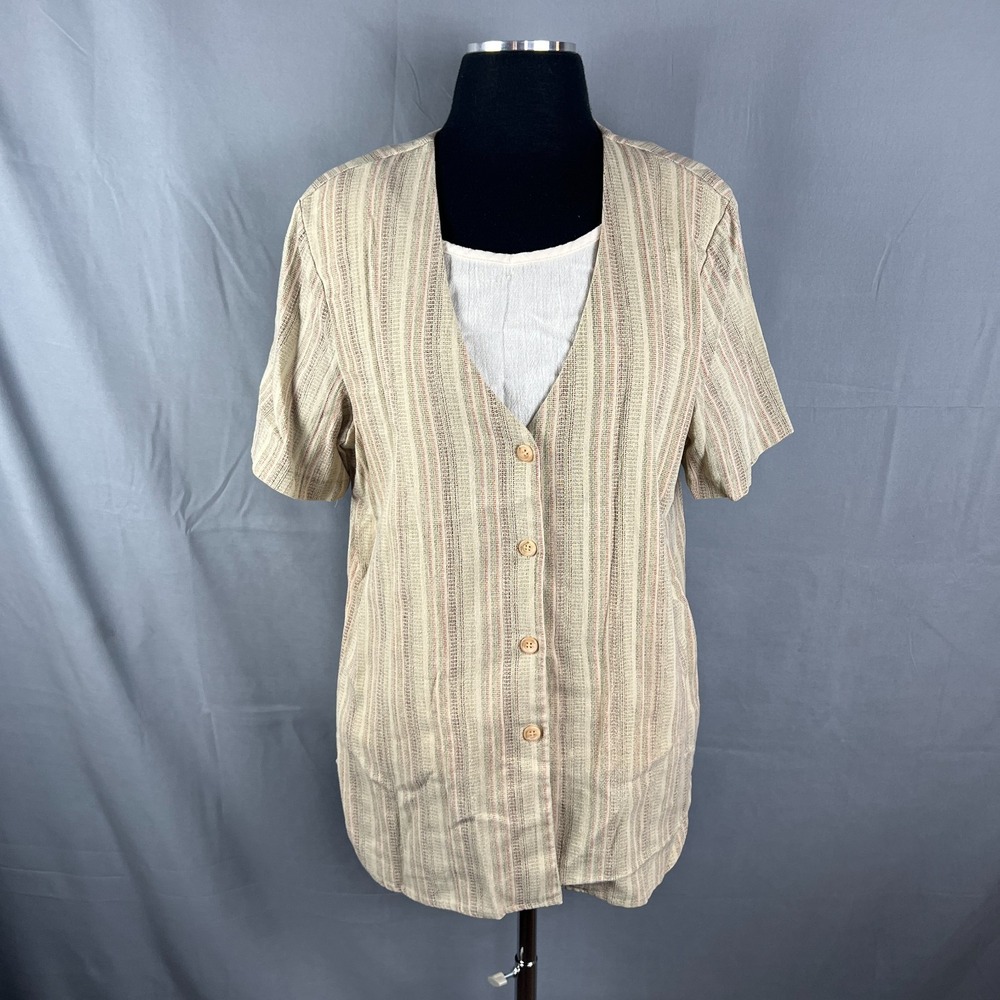 Alfred Dunner Shirt Womens 14 Beige Striped Short Sleeve V Neck Button Front